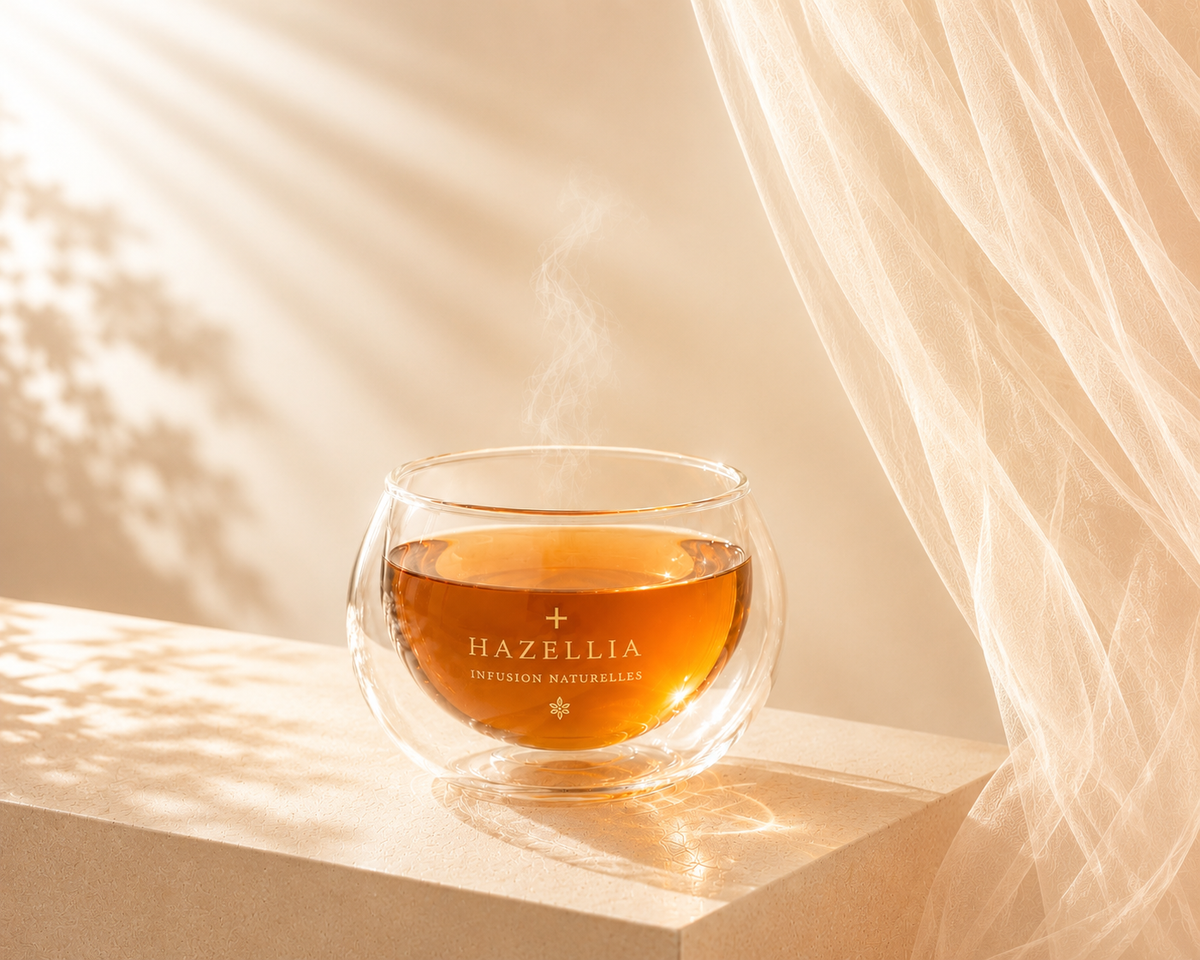 Infusion GlowTox Hazellia ambrée dans un mug double paroi, voile ivoire champagne et lumière solaire