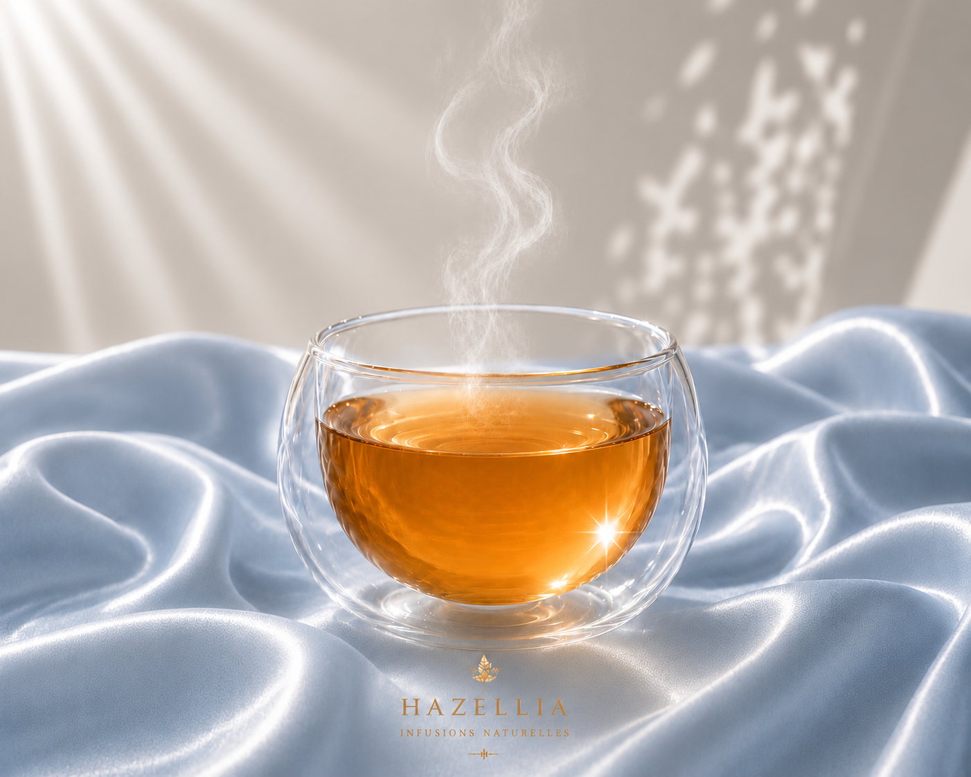 Sillage Hazellia – infusion naturelle haut de gamme servie dans un mug en verre double paroi, infusion ambrée effet bijou, vapeur légère, satin bleu poudré et ambiance ivoire champagne.