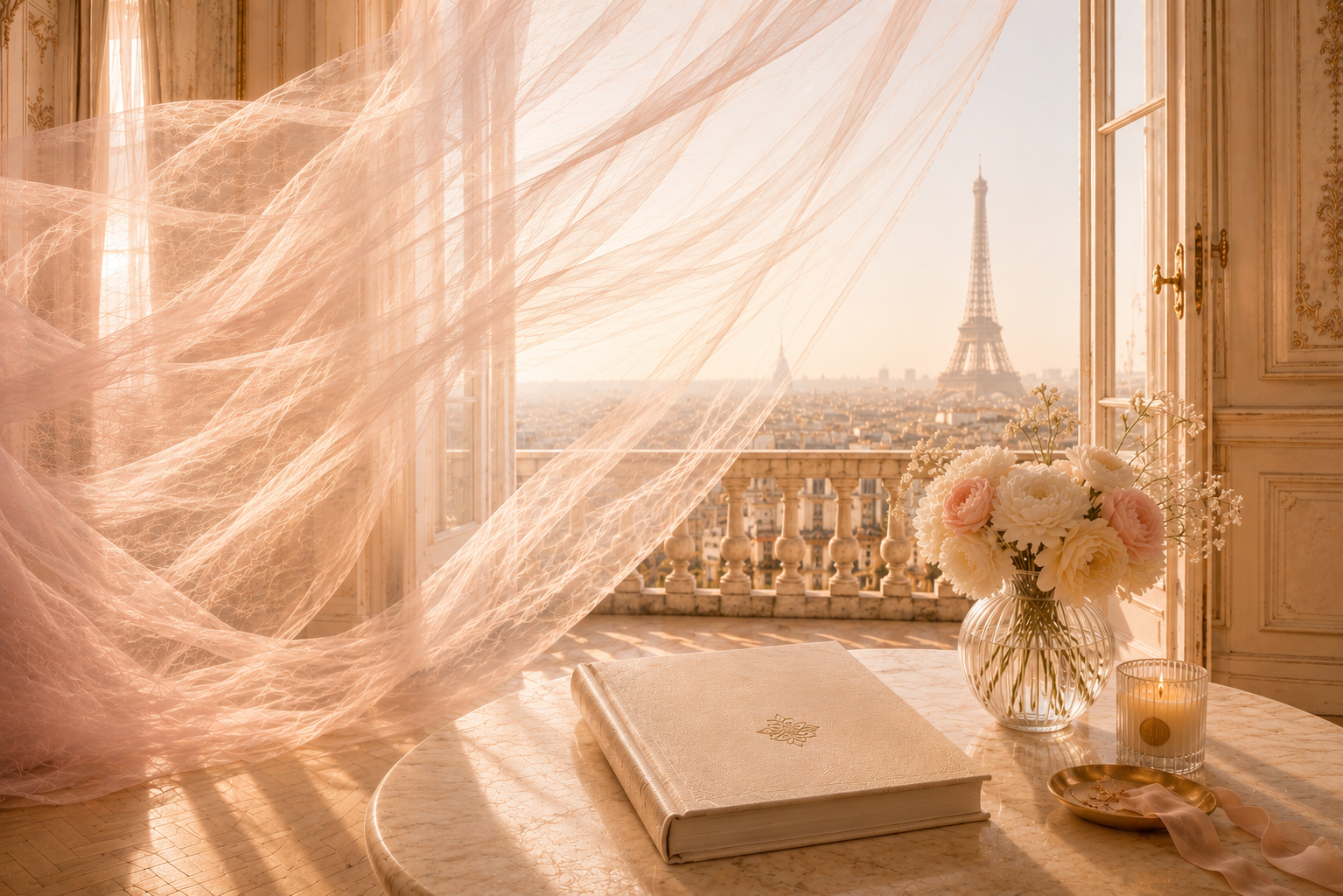 Univers Maison Hazellia avec livre signature, intérieur haussmannien, voile rose poudré aérien et ambiance élégante inspirée du luxe féminin.
