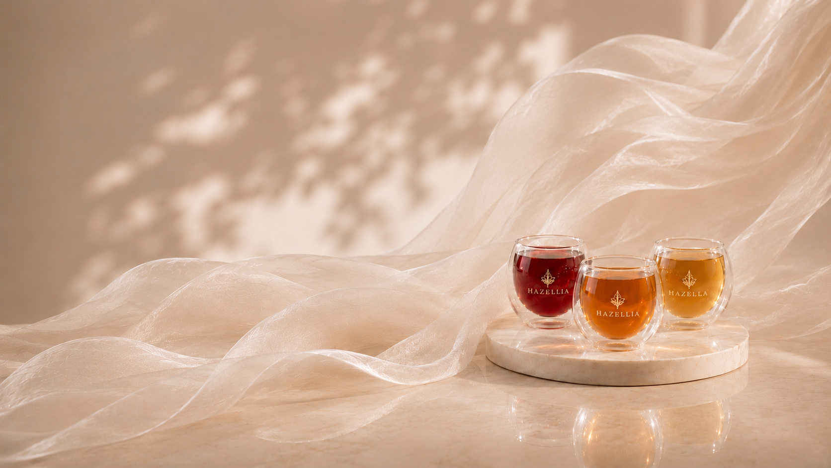 Collection HazBloom Hazellia : sélection d’infusions bien-être premium dans des mugs en verre double paroi sur marbre ivoire, voile champagne aérien et ambiance luxe intemporelle.