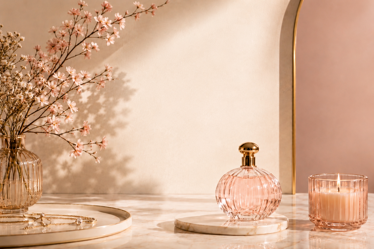 L’Âme Hazellia – parfum rose poudré, bougie et fleurs délicates dans un univers féminin élégant inspiré des rituels de beauté et du luxe doux.