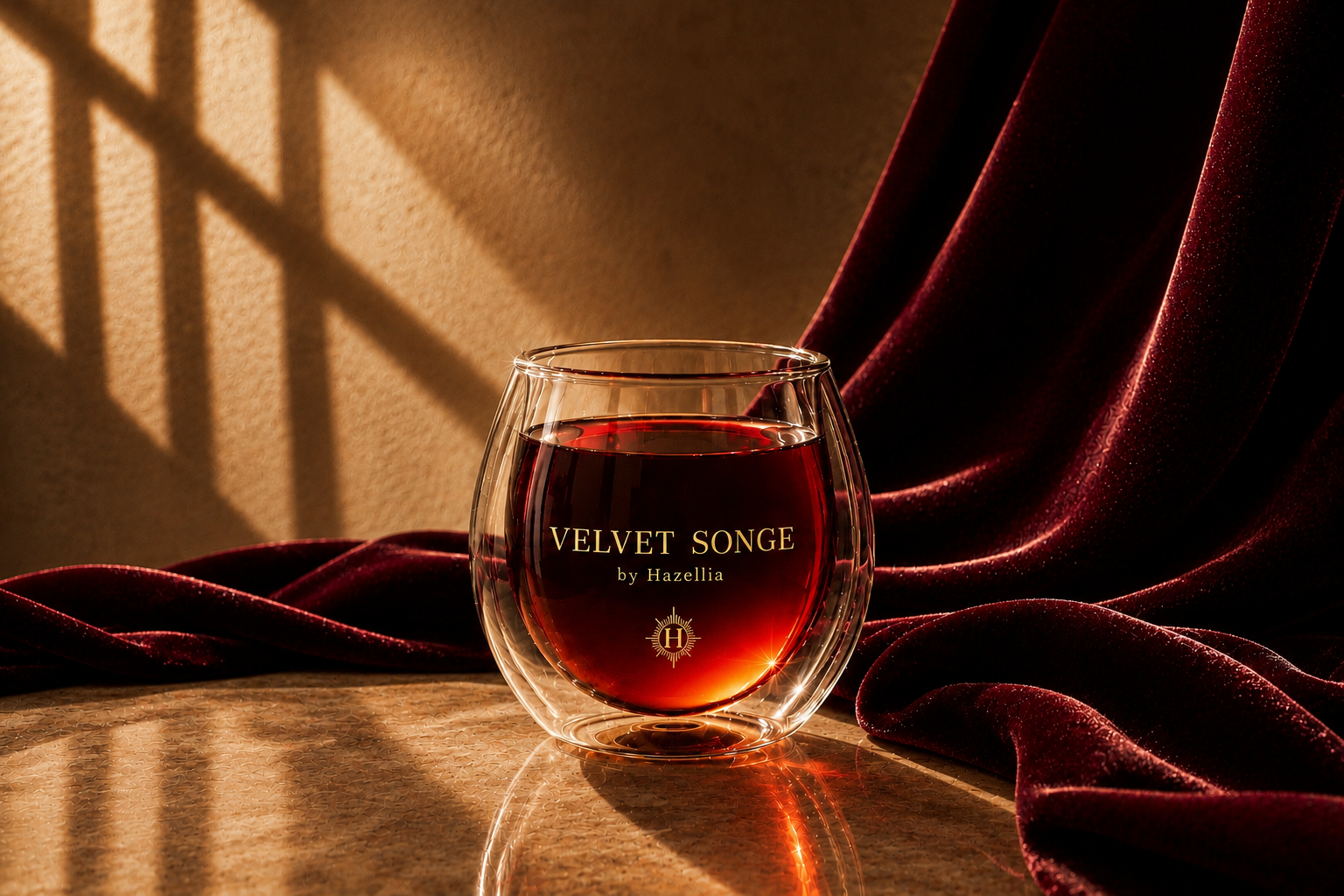 Infusion bio premium Velvet Songe Hazellia dans un mug en verre double paroi, ambiance velours bordeaux et univers sensuel, rituel féminin élégant.