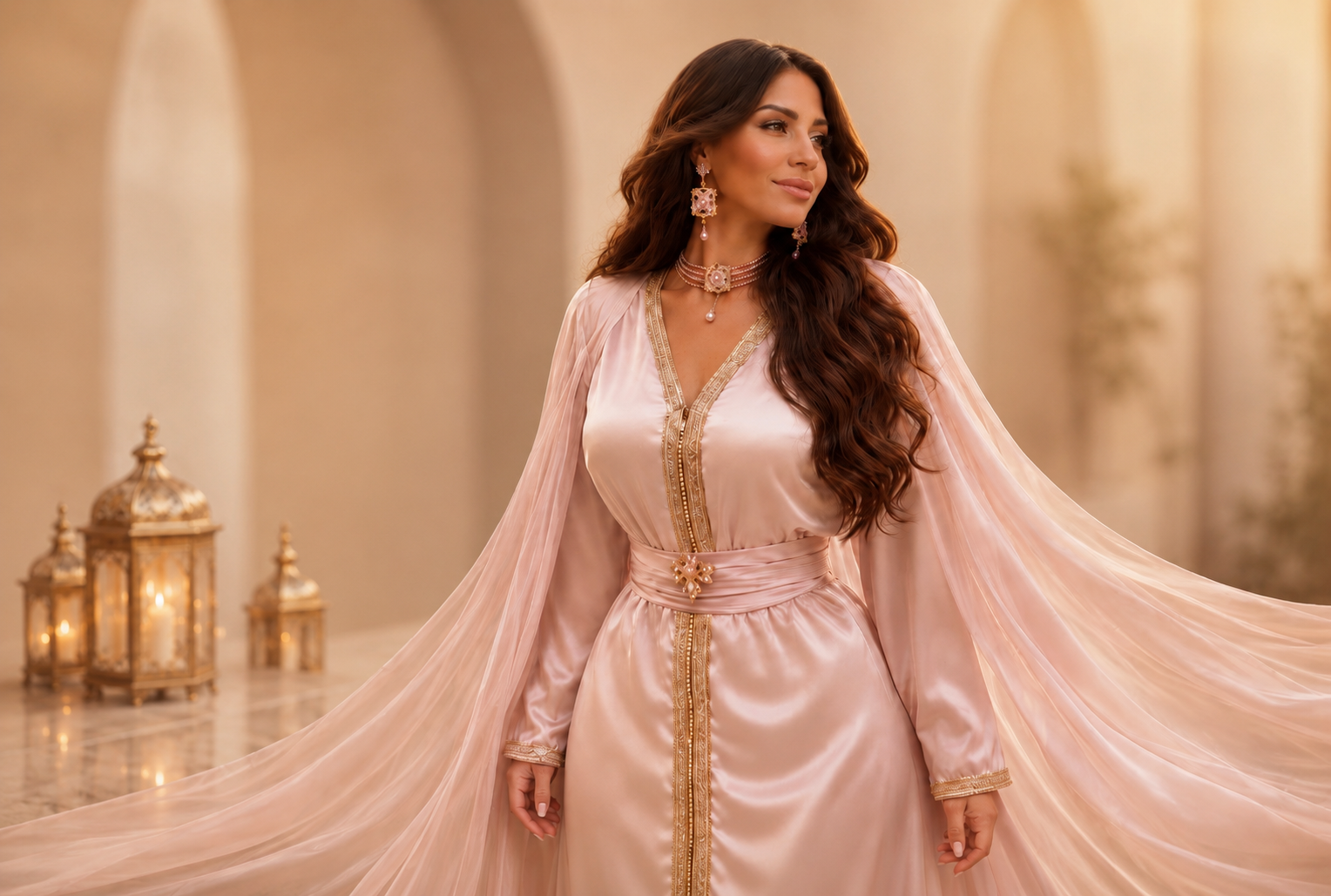 Élégance marocaine féminine dans un palais oriental raffiné, femme portant un caftan rose poudré satiné avec détails dorés couture, voile aérien et lanternes marocaines dans une ambiance luxe chaleureuse inspirée des rituels Hazellia Voyage.