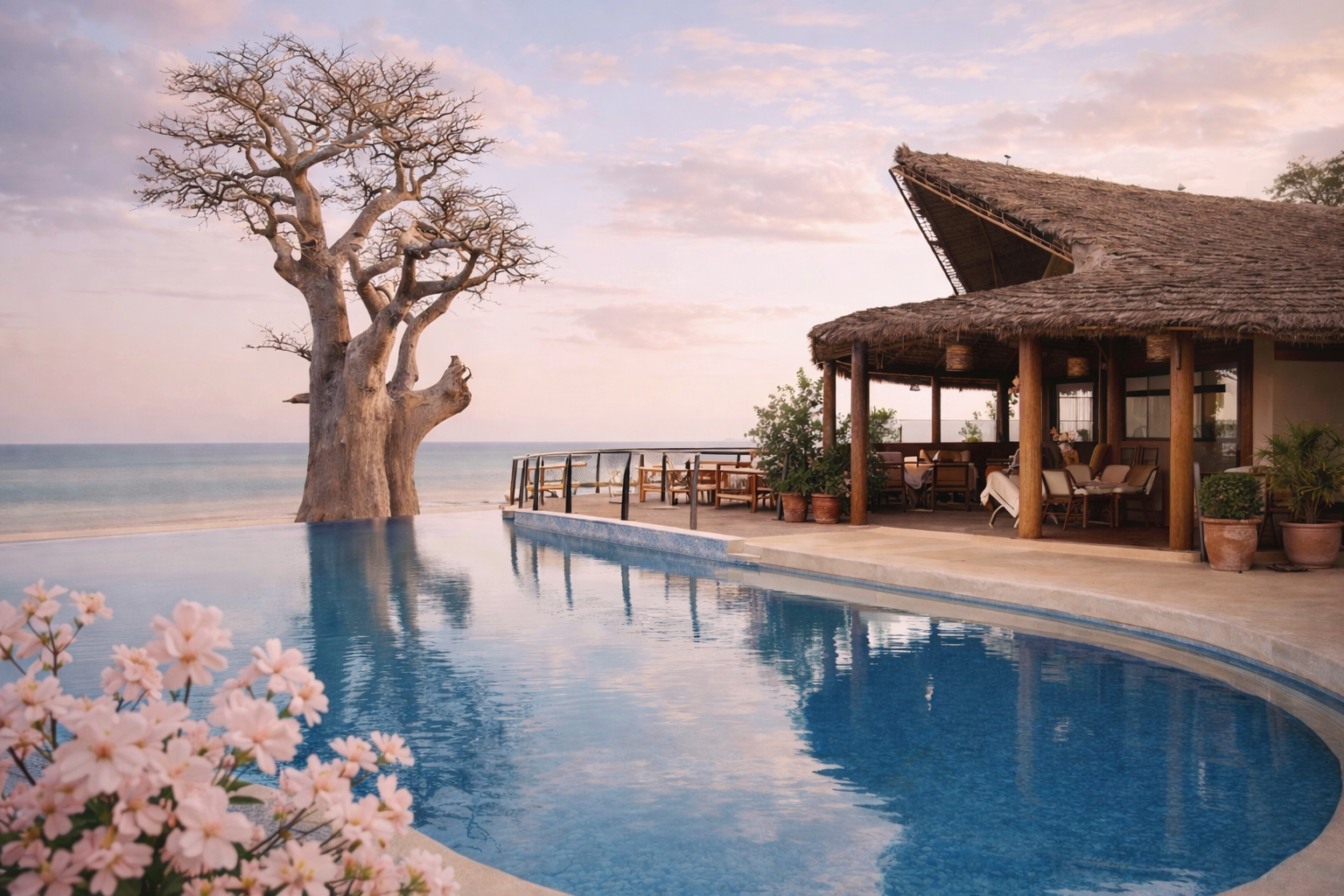 lodge en bord de mer avec piscine et vue océan au Sénégal, atmosphère paisible et lumineuse, décoration naturelle et ambiance slow living