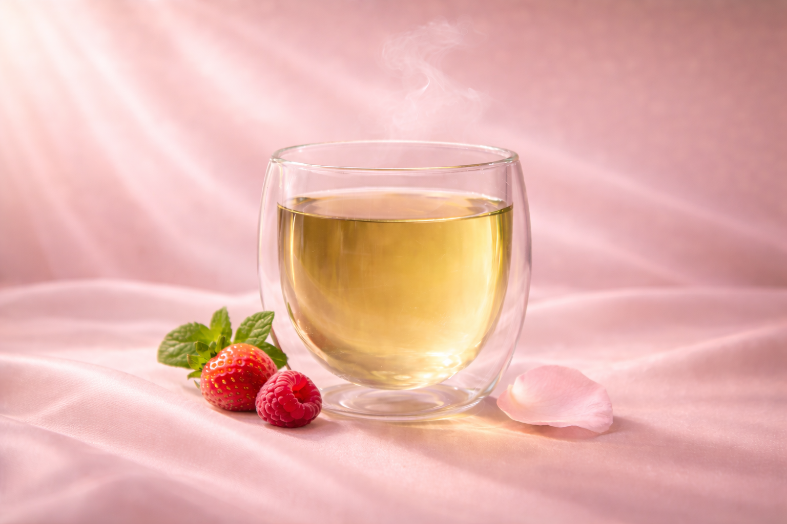 Infusion Pink Elixir Hazellia au thé vert, fraise et framboise dans un verre double paroi sur satin rose poudré, rituel beauté et éclat féminin.