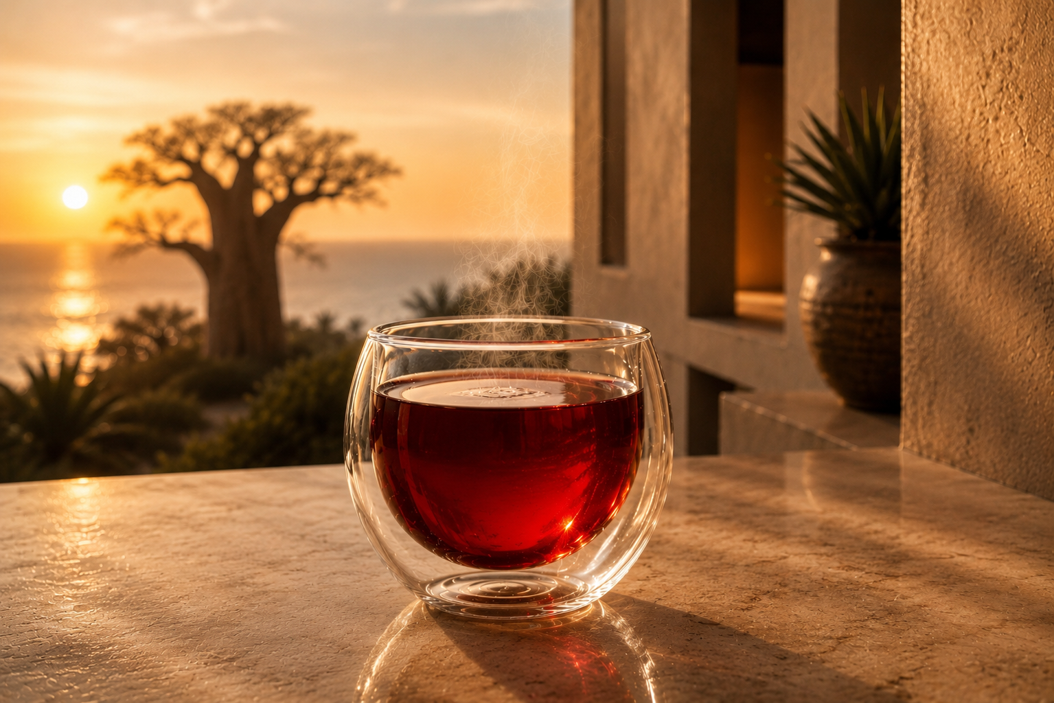 Infusion hibiscus rouge rubis Hazellia au Sénégal, rituel Rose Blood, voyage sensoriel féminin, coucher de soleil et bienfaits de l’hibiscus.