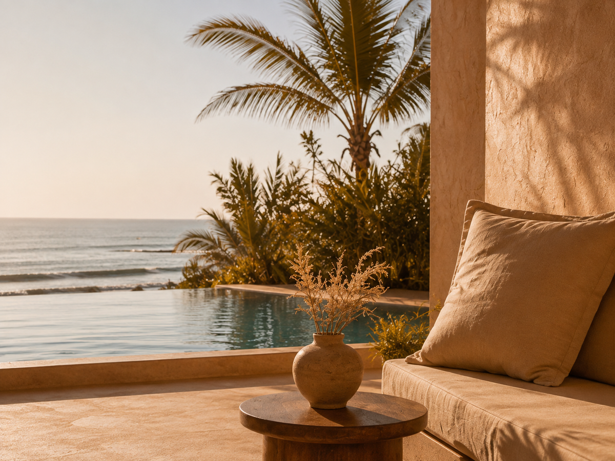 Évasion Sénégal Soleil avec terrasse beige, piscine face à l’océan, palmiers et lumière dorée – Hazellia