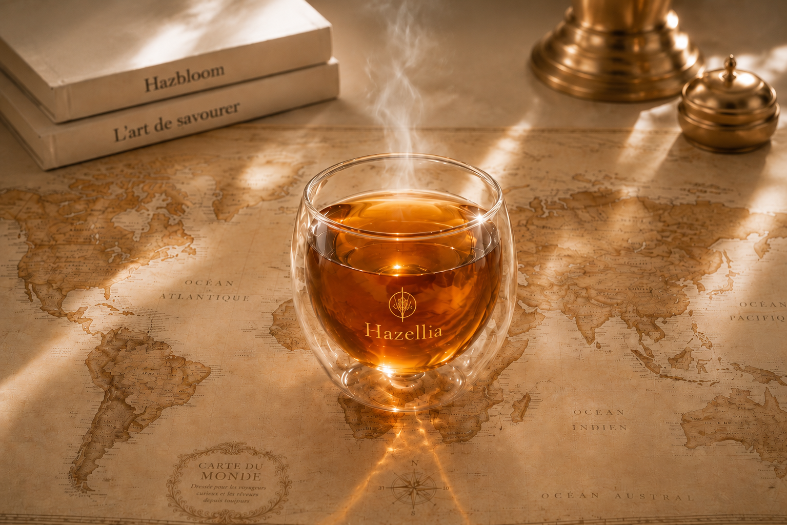 Mug double paroi Hazellia posé sur une carte du monde vintage avec infusion ambrée fumante, ambiance voyage, dégustation et évasion autour des infusions HazBloom.