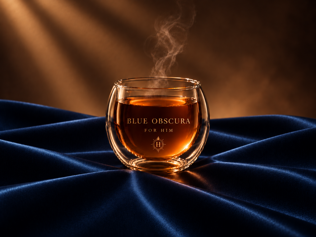 Infusion Blue Obscura Hazellia For Him, création masculine boisée et ambrée présentée dans un mug signature sur satin bleu nuit.