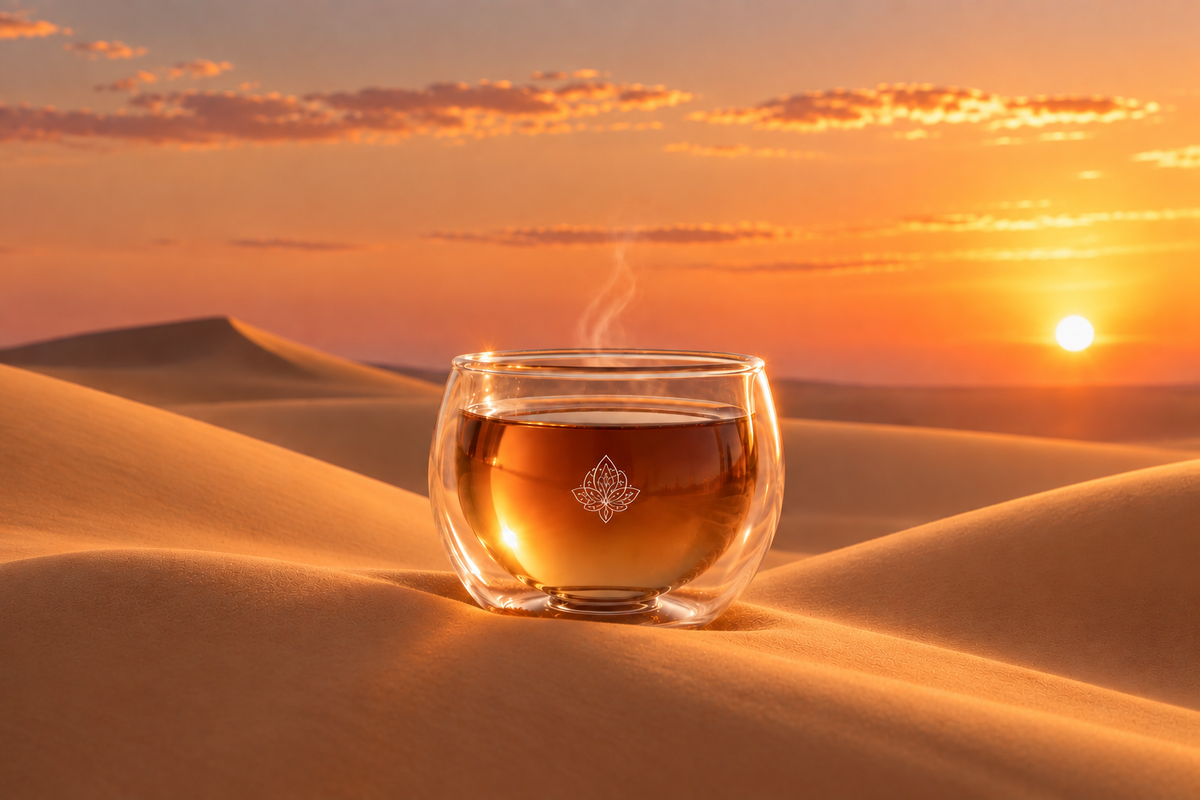 Rituel d’infusion marocain Dune Flow par Hazellia, mug en verre double paroi posé sur de fines dunes de sable au coucher du soleil, infusion ambrée et ambiance désert premium inspirée du Maroc.