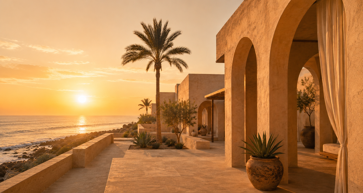 Bannière Évasion Sénégal Hazellia Voyage — architecture contemporaine luxe face à l’océan au coucher du soleil, ambiance chaleureuse africaine premium et slow living bord de mer.