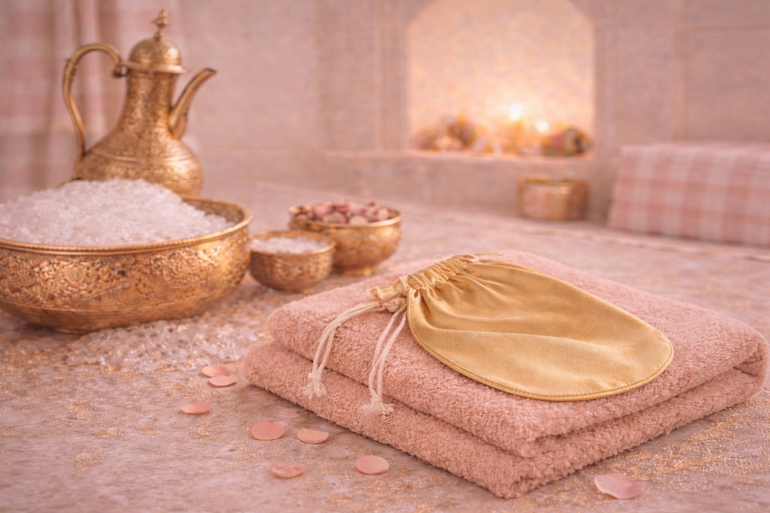 Rituel turc Hazellia inspiré du hammam, ambiance orientale dorée, gestes de beauté ancestraux, bien-être et féminité enveloppante.