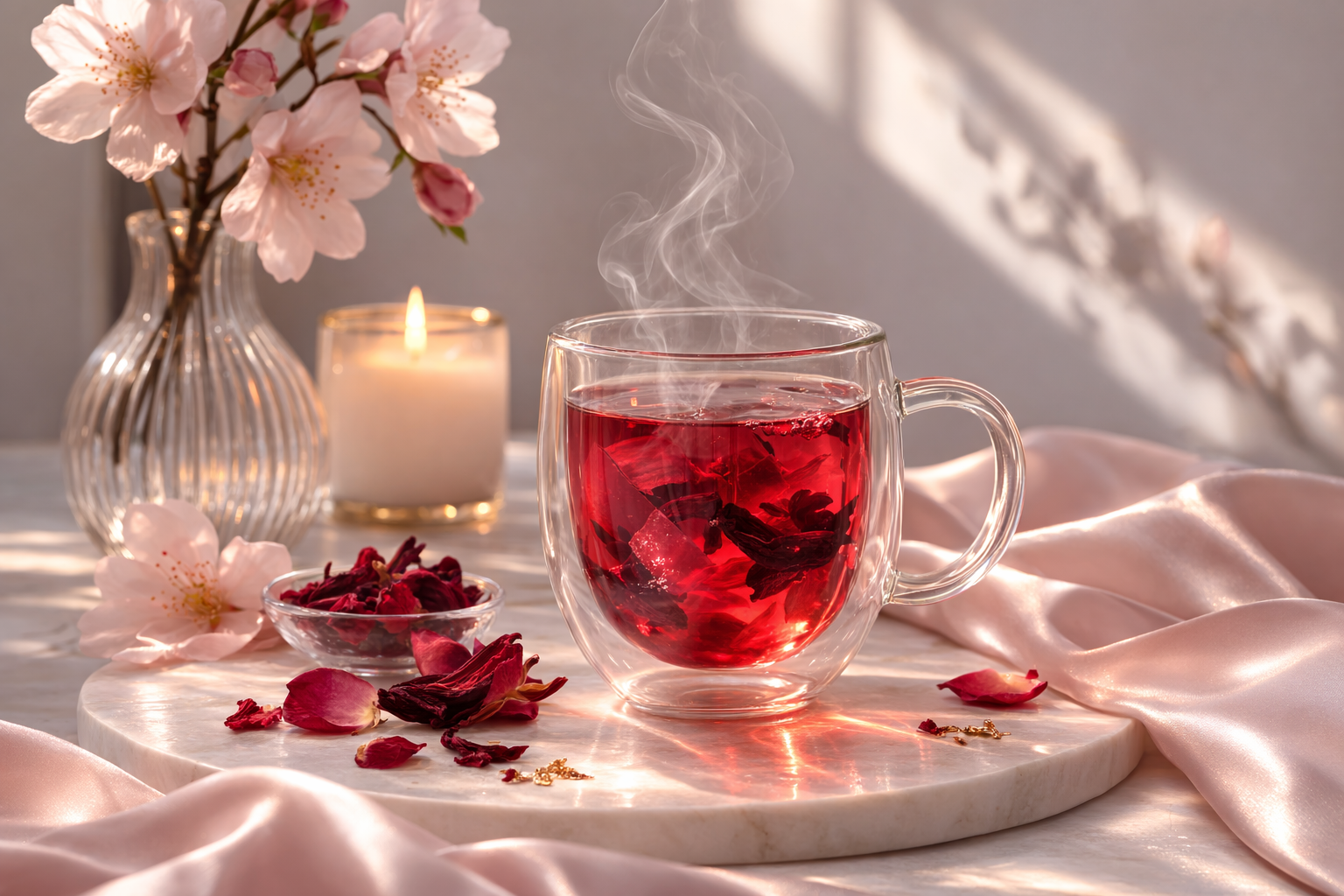 Infusion rouge intense HazBloom Beauté & Éclat dans mug double paroi sur marbre rose poudré, pétales et ambiance couture féminine.