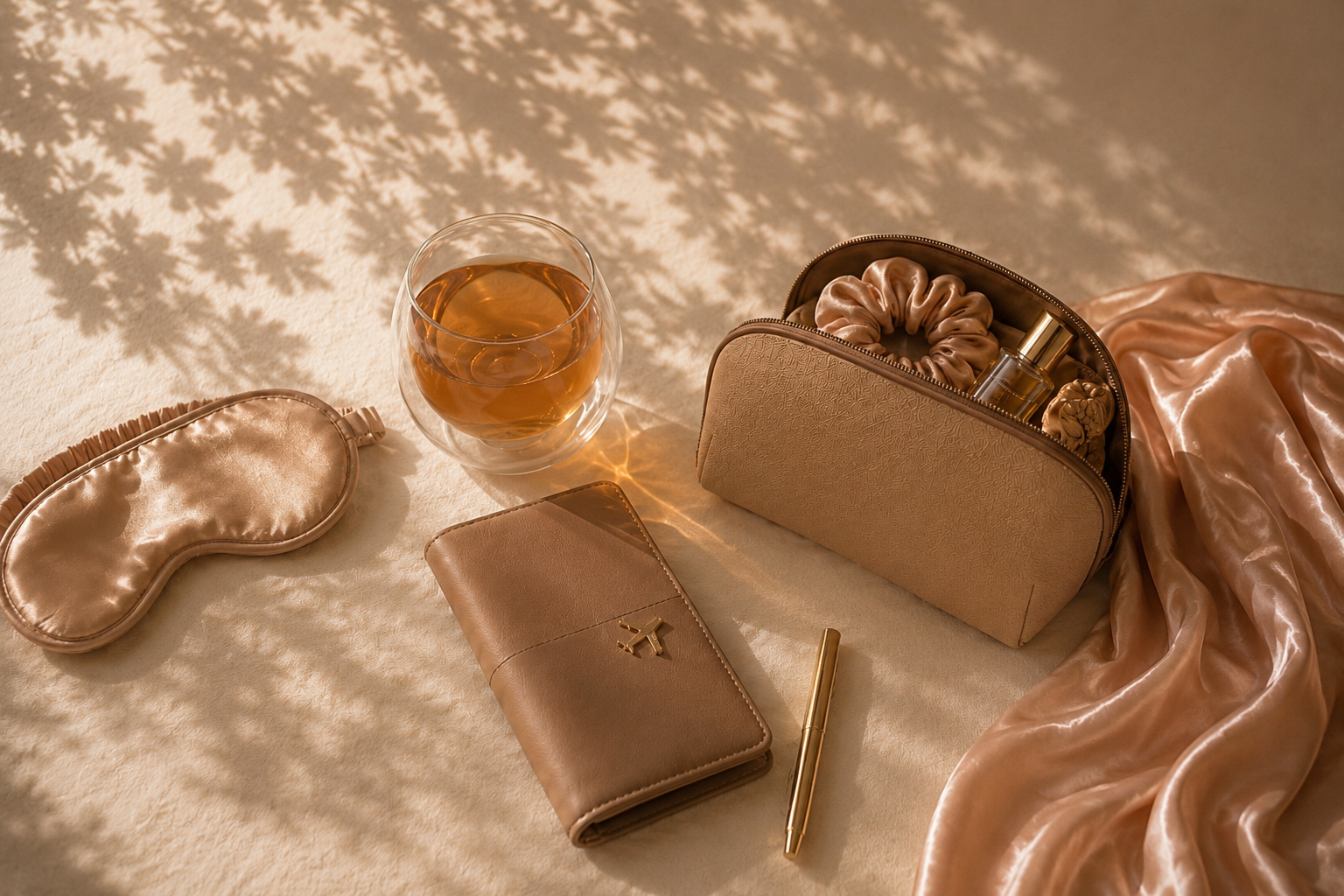 Bannière Hazellia Voyage avec accessoires de voyage féminins luxe, tasse d’infusion Hazellia, masque de nuit en satin, trousse nude et ambiance beige rosé inspirée du slow travel et du bien-être féminin.