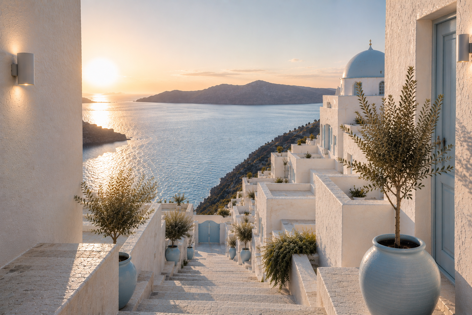 Vue sur les Cyclades en Grèce avec architecture blanche, coupole bleu poudré, mer Égée et lumière méditerranéenne, invitation à découvrir l’univers Hazellia Voyage Grèce Éternelle.
