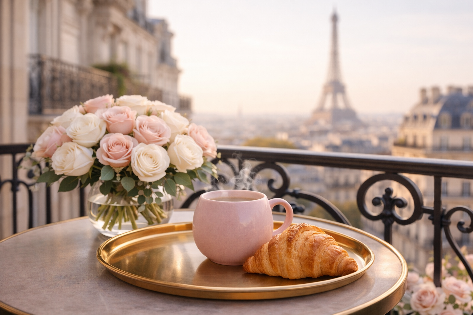 tasse d’infusion rose sur un balcon parisien avec vue tour Eiffel, ambiance élégante et féminine Hazellia