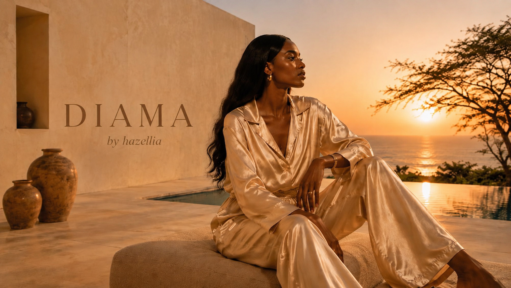 Femme élégante en ensemble satiné champagne face au coucher de soleil africain – collection DIAMA by Hazellia inspirée du Sénégal et du luxe féminin intemporel.