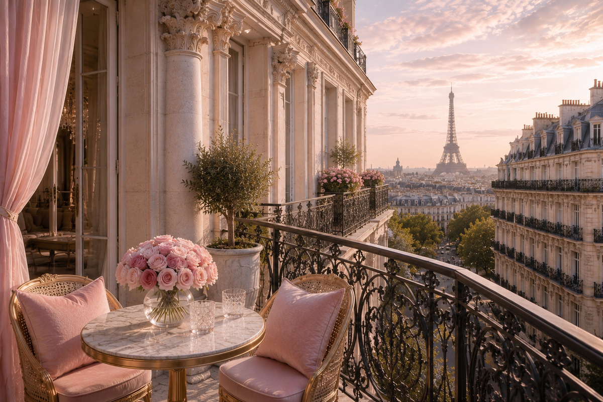 Terrasse parisienne haussmannienne avec vue sur la tour Eiffel, roses rose poudré et ambiance champagne – univers Rose Ritual Hazellia
