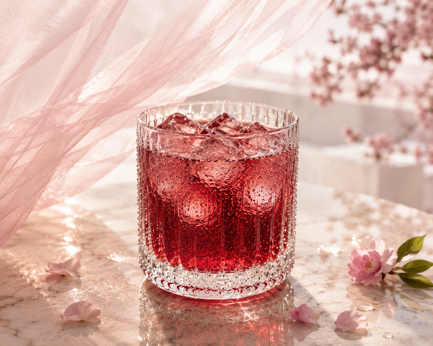 Rose Ritual Hazellia – infusion glacée ambrée rosée dans un verre cristal premium avec glaçons, condensation naturelle, pétales délicats et voile rose poudré couture sur marbre luxueux.