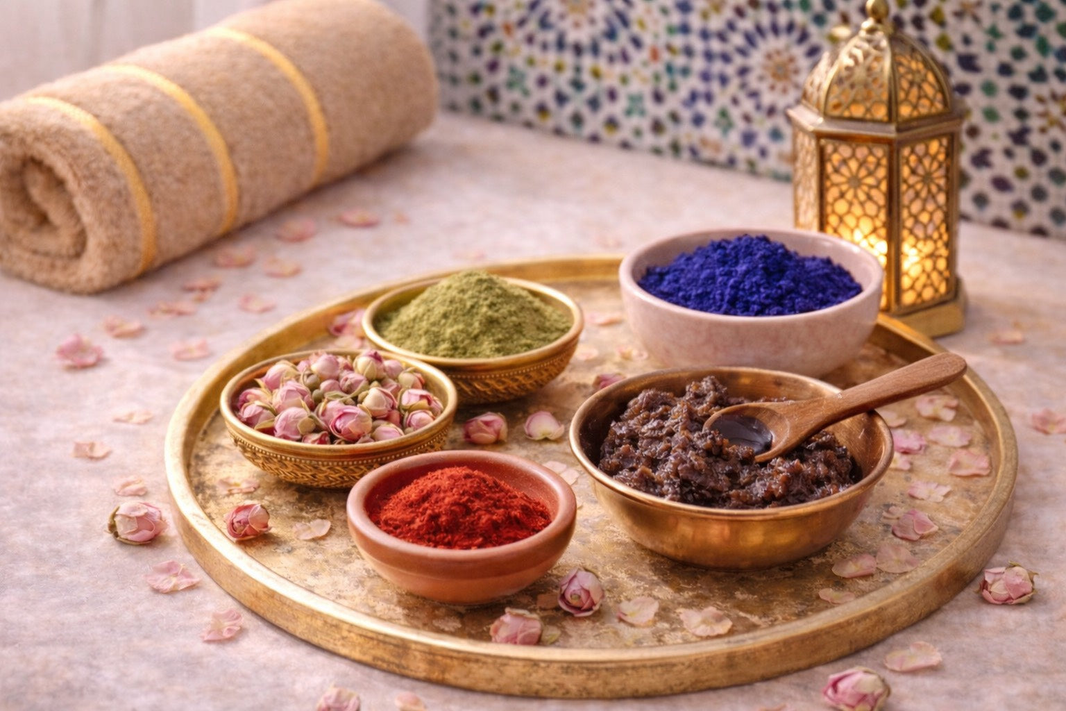 Rituel marocain Hazellia, ambiance chaleureuse et apaisante inspirée des traditions de bien-être marocaines.