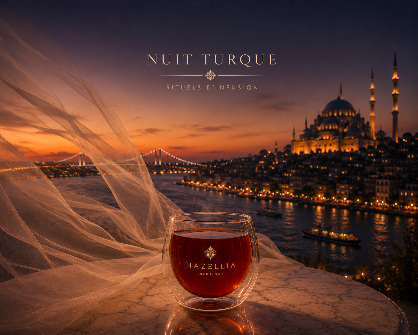 Rituel d’infusion turc Hazellia avec thé oriental sur plateau doré, ambiance nuit turque, voile poudré et vue lumineuse sur Istanbul au coucher du soleil