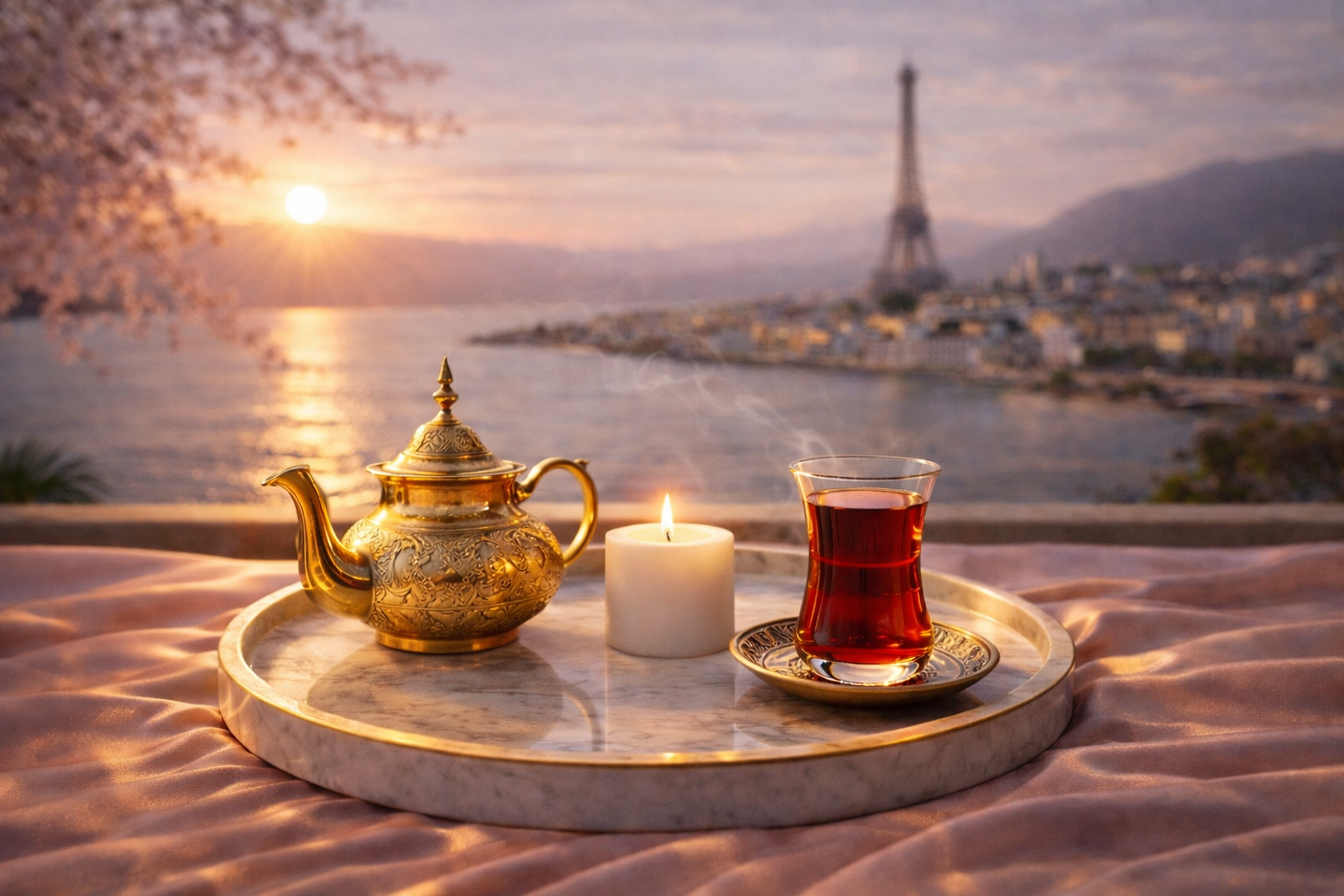 Hazellia tea ritual inspired by Paris with warm infusion, teapot and sunset view, feminine wellness and luxury moment