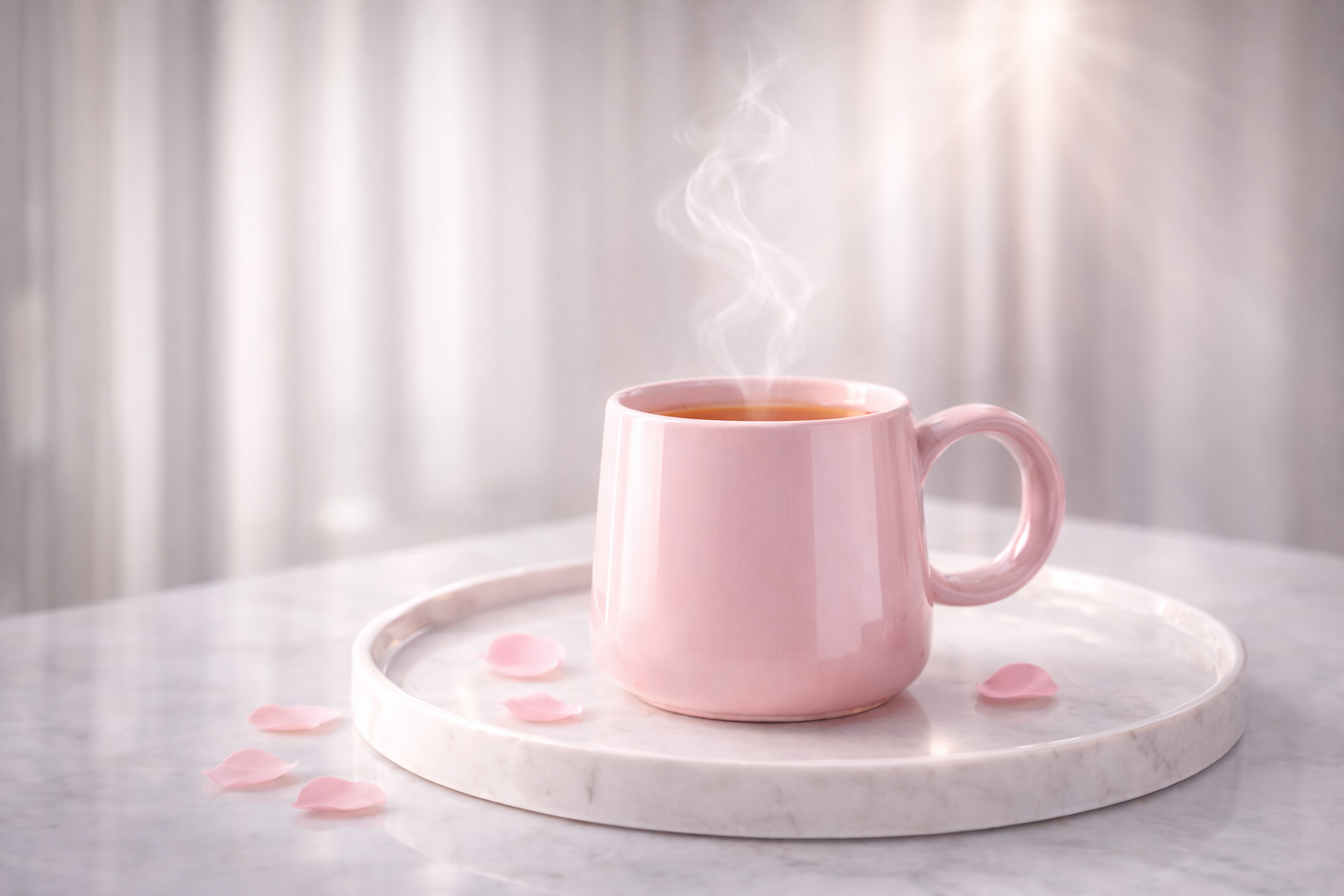 Tasse rose poudré fumante sur plateau en marbre, ambiance rituel beauté féminin, infusion glow Hazellia.