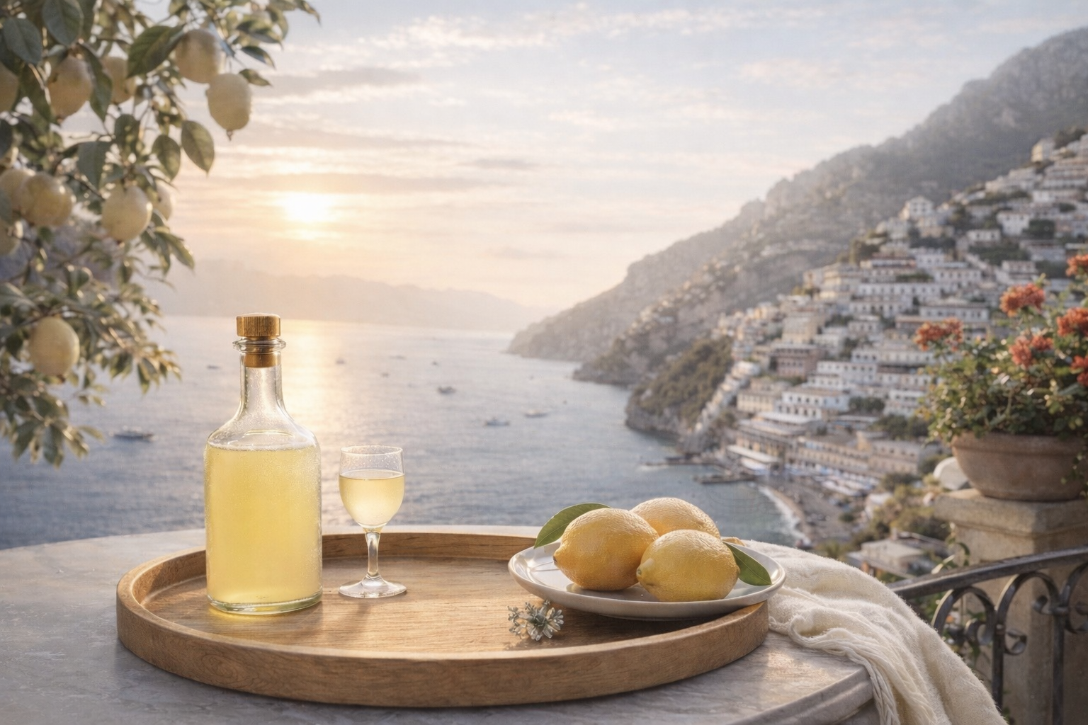 Rituel d’infusion Hazellia Voyage Italie Dolce Vita avec théière blanche sur plateau bois face au lac italien au coucher du soleil.