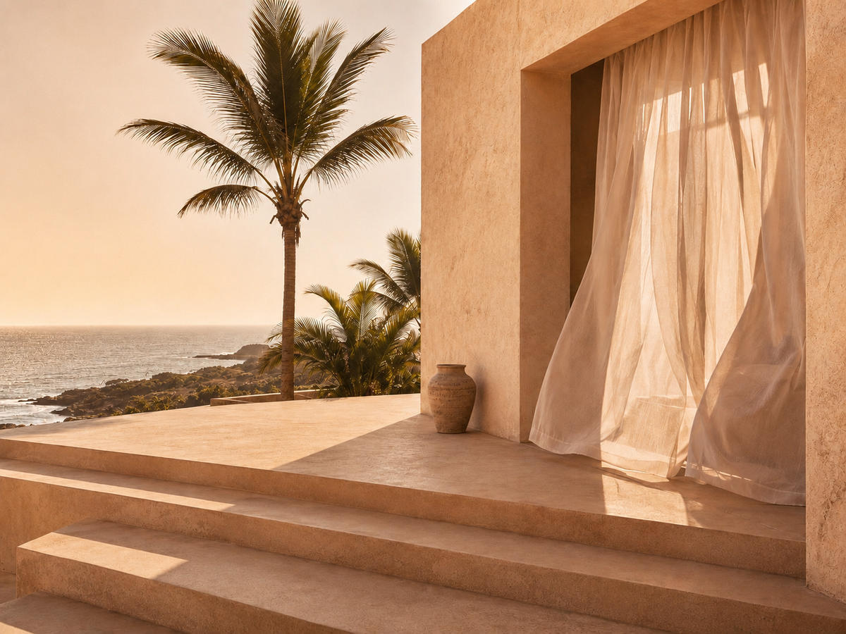 Évasion Sénégal Soleil avec terrasse beige orangé, voile ivoire aérien, palmiers et vue sur l’océan – Hazellia