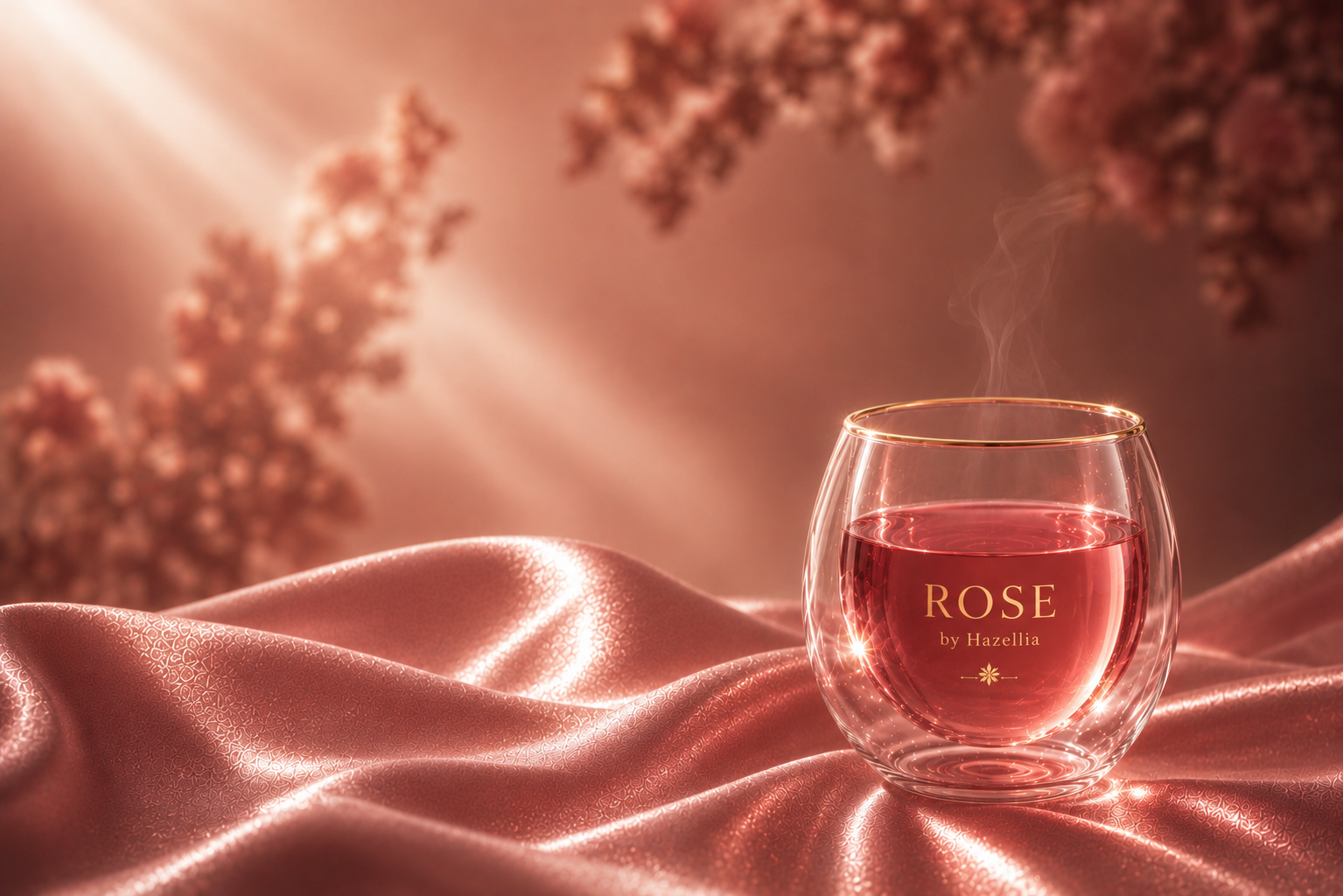 ROSE by Hazellia, infusion rubis rosée dans un mug double paroi transparent, satin rose poudré couture et lumière champagne inspirée de la haute parfumerie.