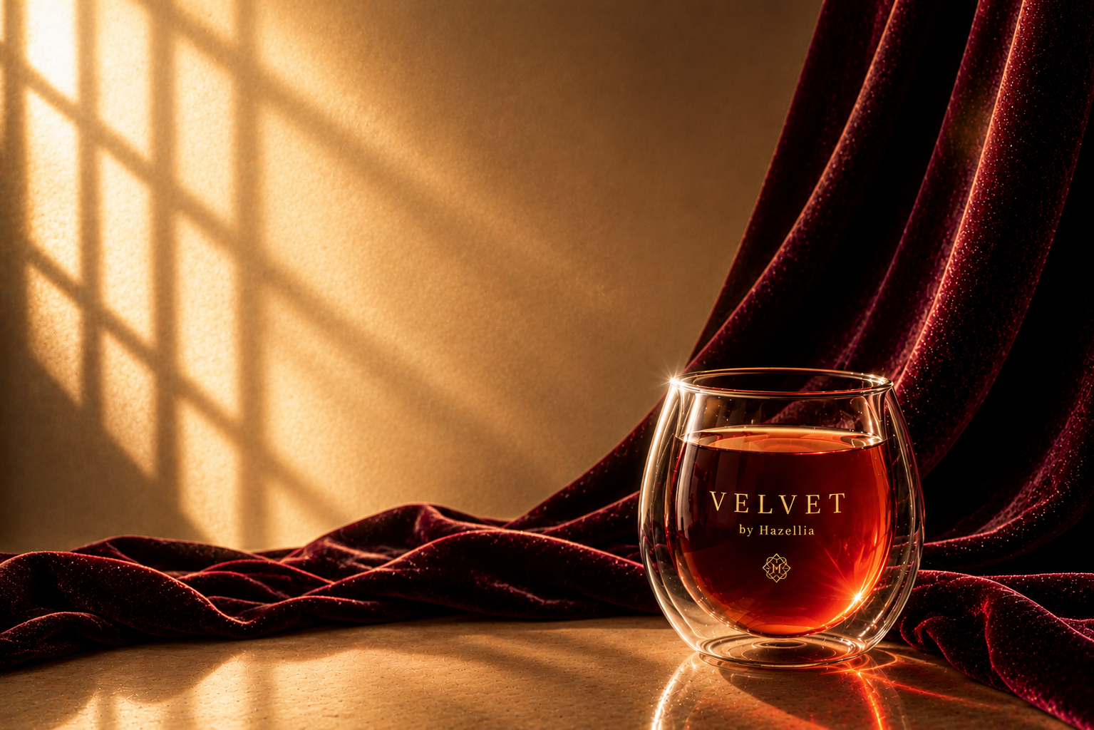 VELVET by Hazellia – infusion rooibos rouge ambrée dans un mug double paroi transparent, velours bordeaux couture, lumière champagne dorée et ambiance féminine sensuelle