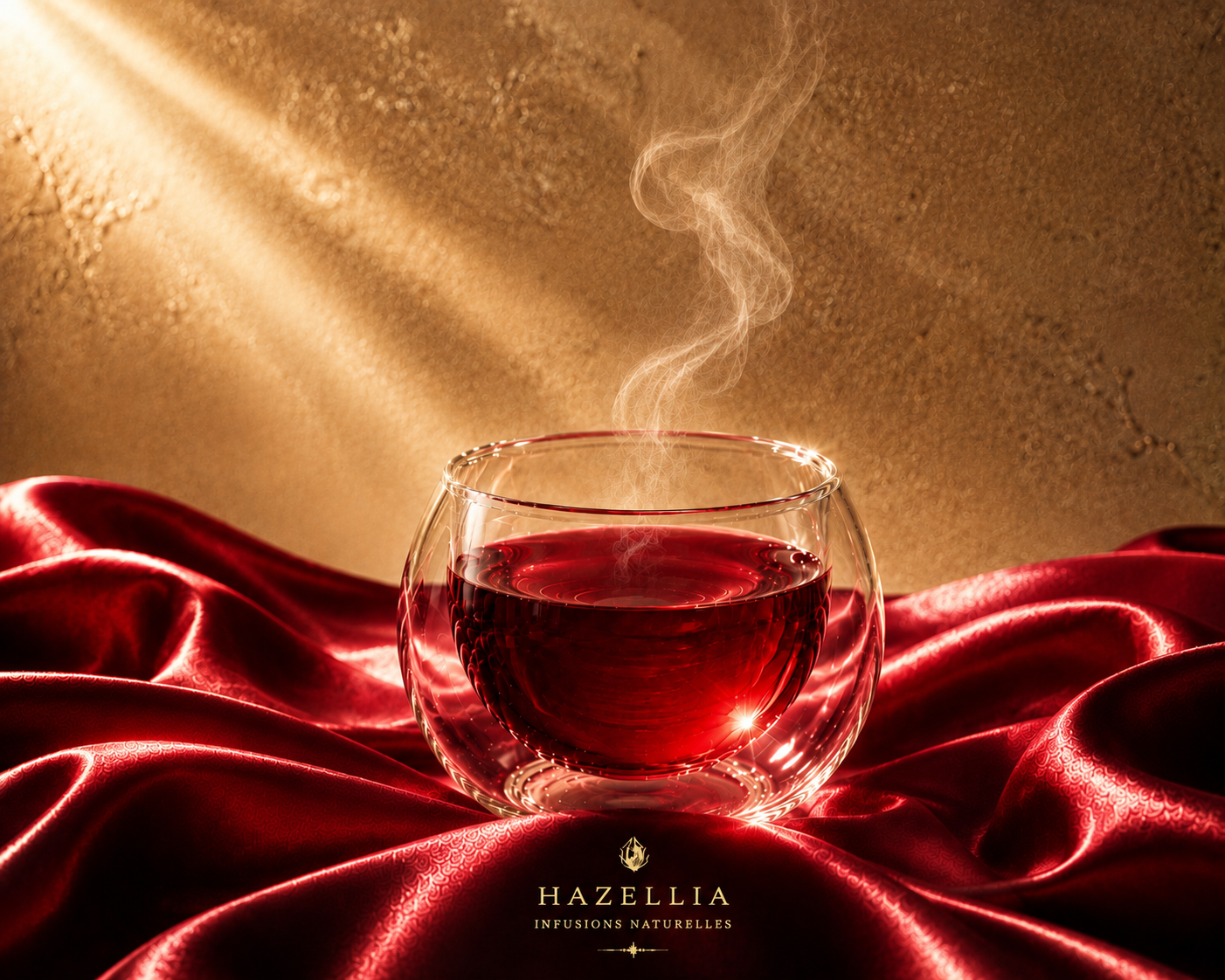 Infusion Carmine Ember Hazellia dans un mug en verre sur satin rouge rubis