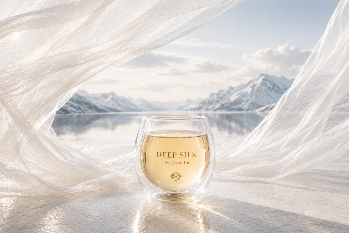 Deep Silk by Hazellia, infusion bien-être bio dans un mug en verre double paroi, lumière ivoire et champagne froid, voiles aériens, lac et montagnes scandinaves enneigées, rituel cocooning premium inspiré de la Scandinavie.