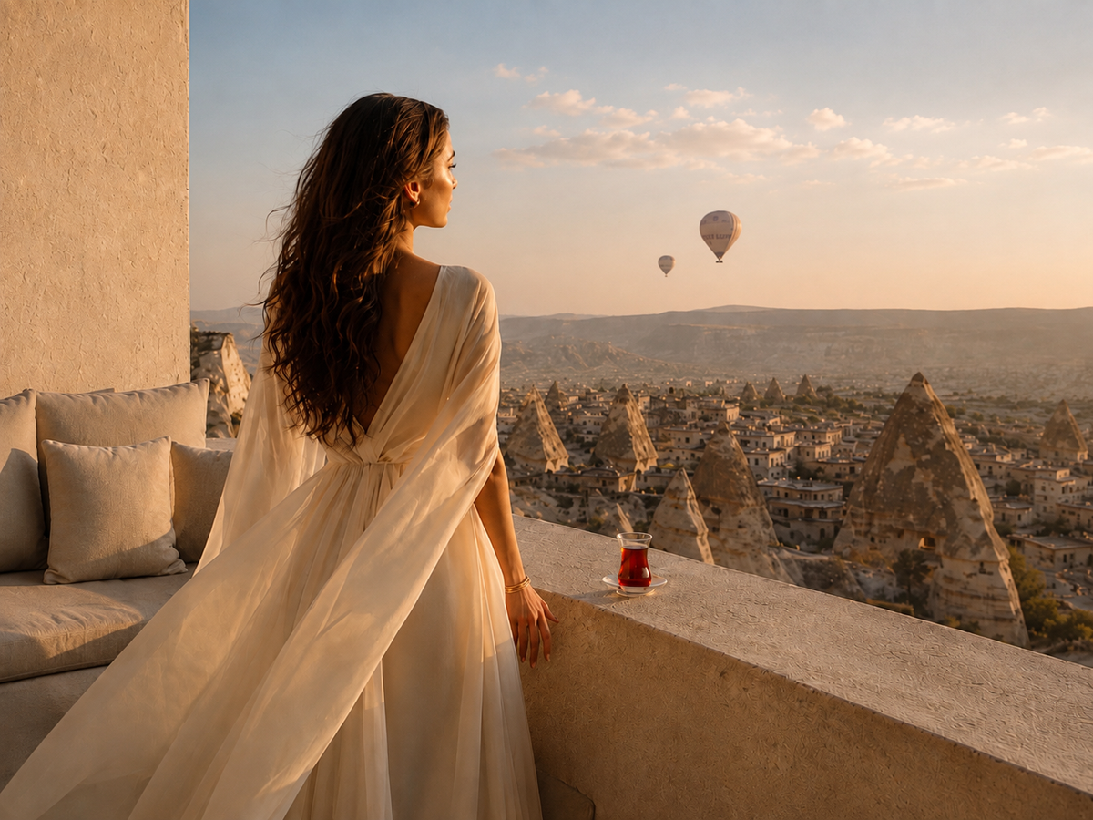 Élégance turque Hazellia, femme en robe ivoire sur une terrasse en Cappadoce avec thé turc et montgolfières