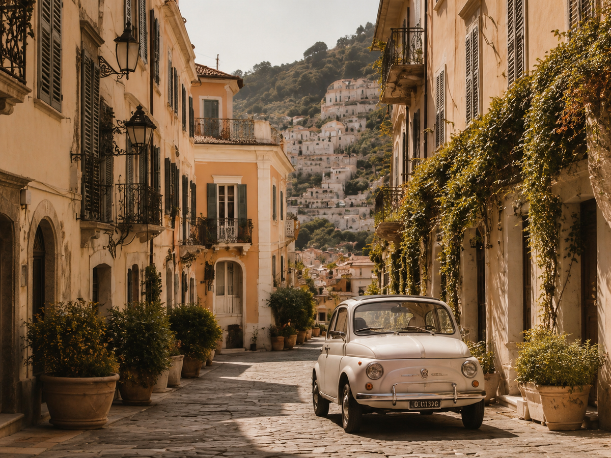 Ruelle italienne avec Fiat vintage, façades élégantes et village perché – Évasion Italie Dolce Vita Hazellia Voyage
