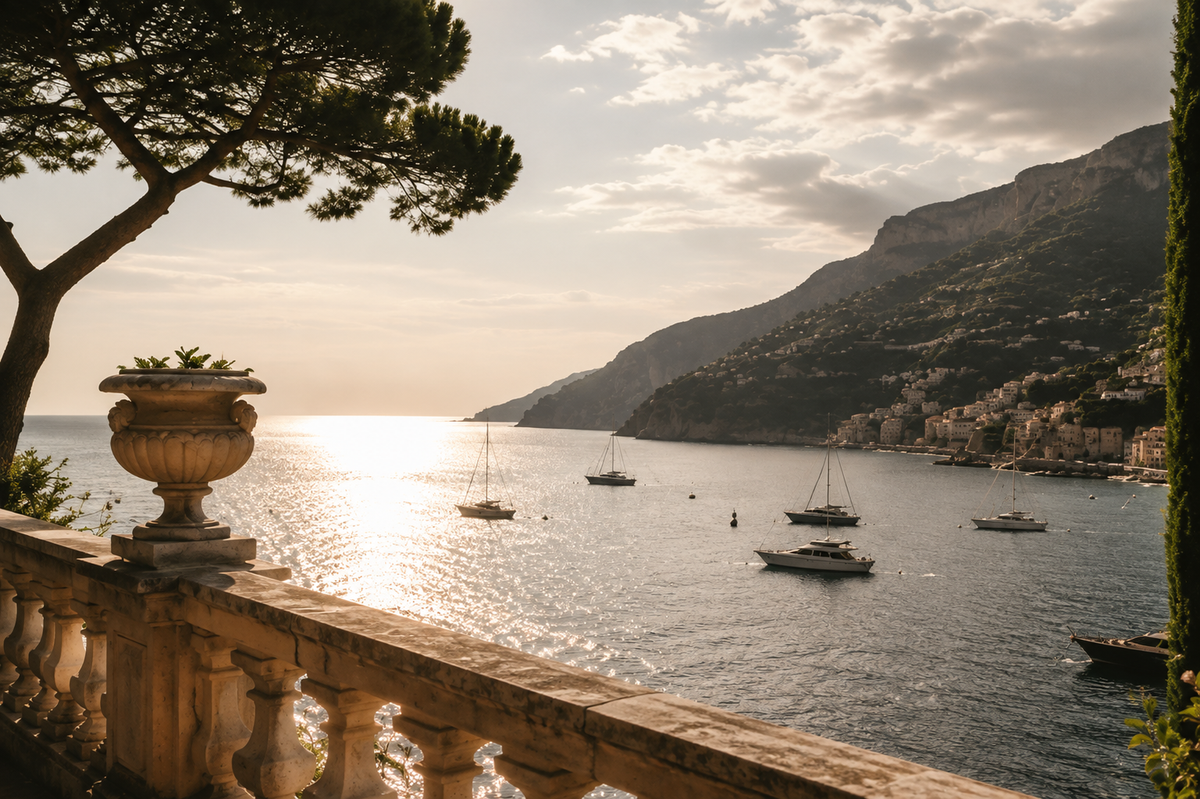Terrasse italienne de luxe avec vue sur la mer, voiliers et village côtier – Évasion Italie Dolce Vita Hazellia Voyage