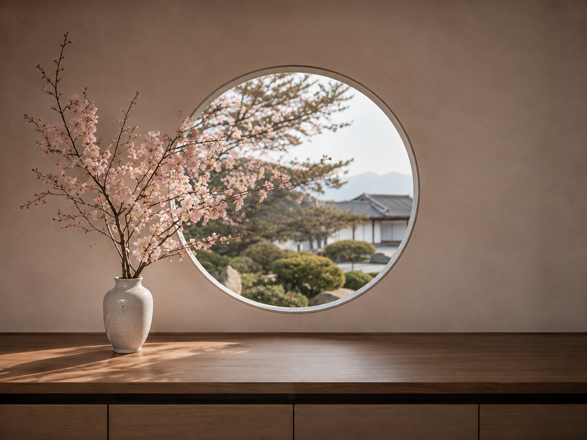 Intérieur japonais minimaliste avec fenêtre ronde, cerisier en fleurs et jardin zen – Évasion Japon Sakura Hazellia Voyage