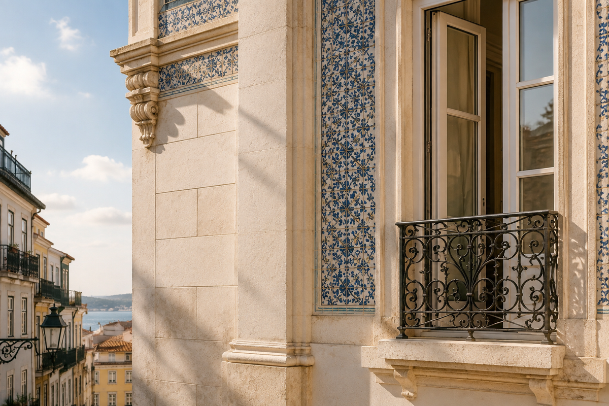 Façade élégante à Lisbonne ornée d’azulejos bleus et d’un balcon en fer forgé – Évasion Lisbonne Lumineuse Hazellia Voyage