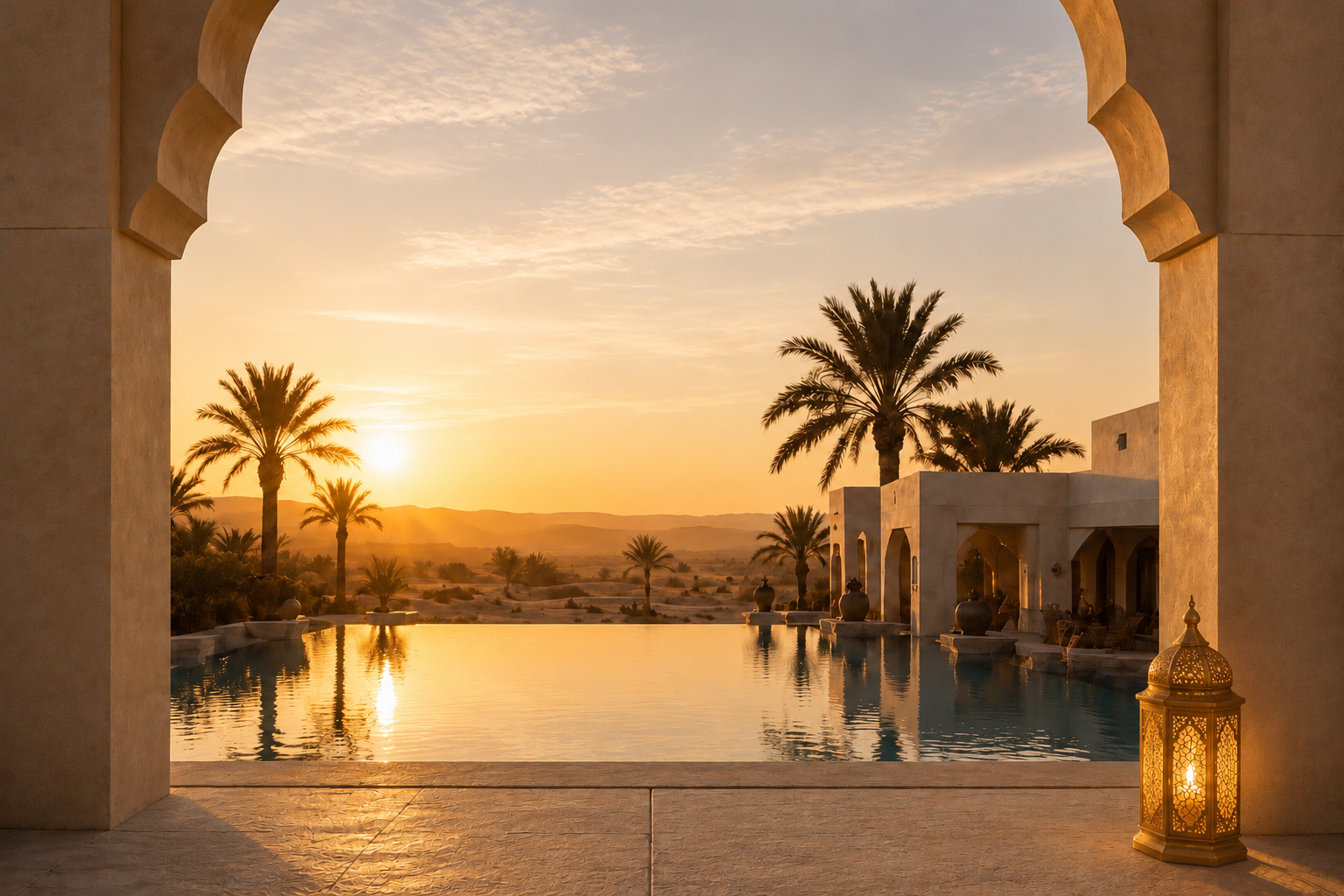 Évasion Orient Doré avec arche orientale, piscine miroir, palmiers et lanterne dorée au coucher du soleil – Hazellia Voyage
