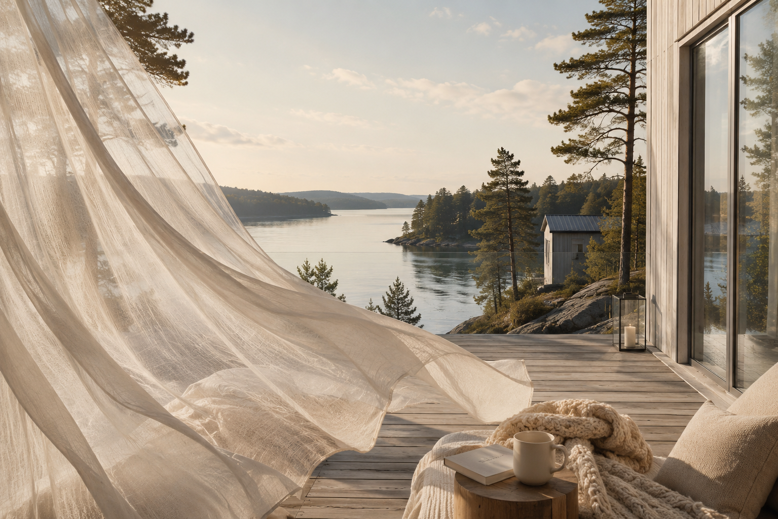 Terrasse nordique avec voile ivoire flottant devant un lac paisible baigné de lumière douce, univers Scandinavie Cocooning de Hazellia Voyage associé à l’infusion Deep Silk.