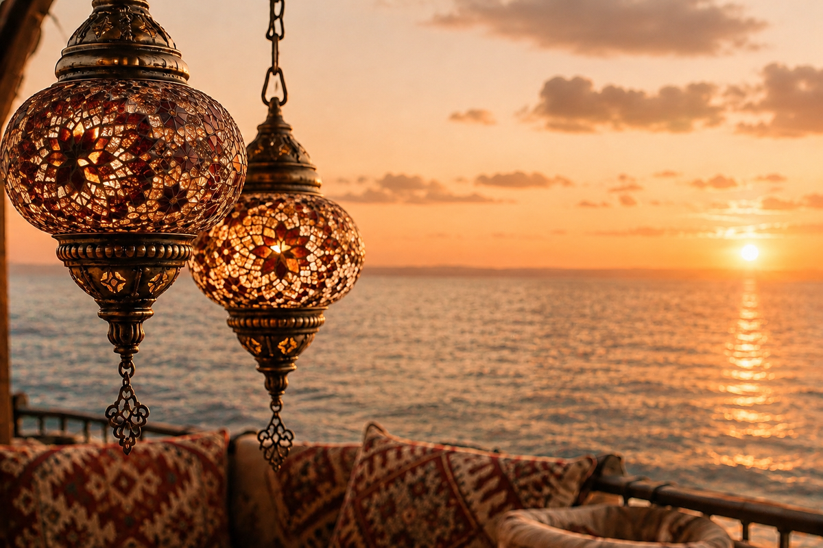 Terrasse turque avec lanternes traditionnelles et coussins bordeaux face à la mer au coucher du soleil – Évasion Turquie Hazellia Voyage