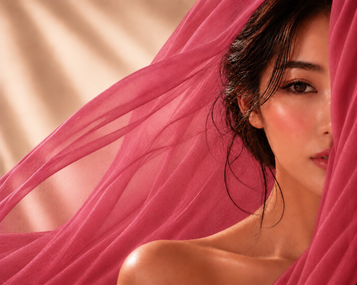 Portrait de la Femme Magnétique Hazellia enveloppée d’un voile framboise fluide et premium, univers Blossom Ode élégant et lumineux