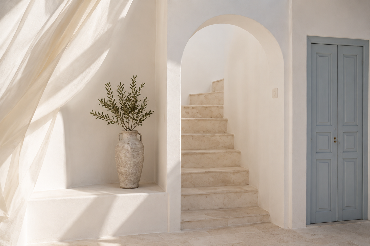Architecture grecque épurée aux murs blancs, porte bleu poudré et amphore avec branches d’olivier – Grèce Éternelle Hazellia