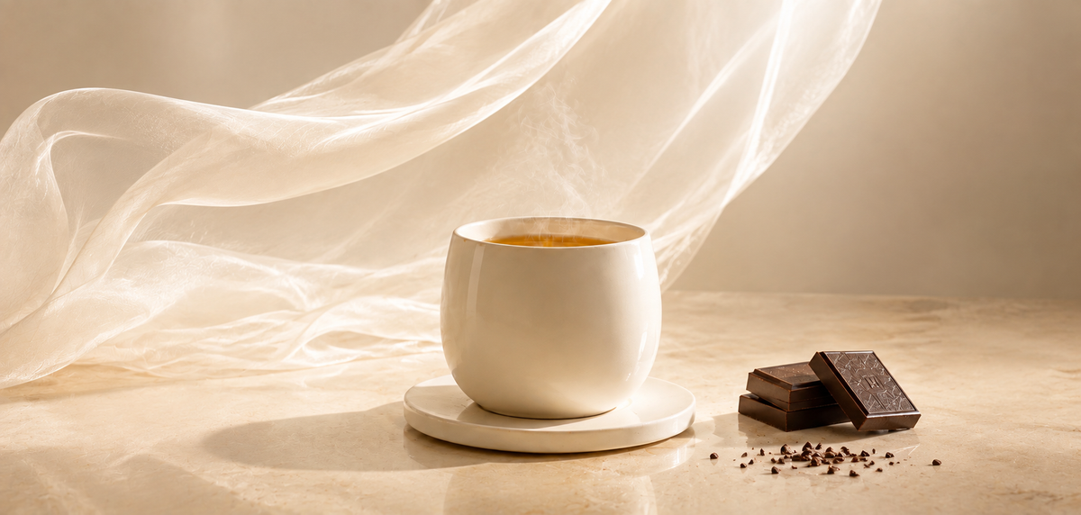 HazBloom Gourmandise Couture, Haute Infusion Gastronomique Hazellia avec infusion ambrée et chocolat.