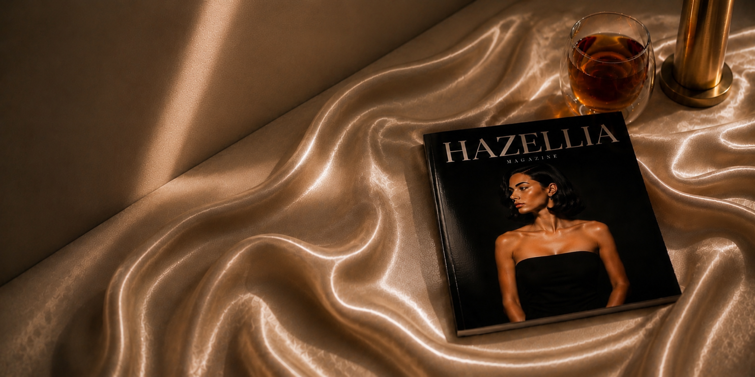 Magazine Hazellia posé sur un satin champagne avec un mug en verre d’infusion ambrée dans une ambiance luxe, élégance féminine et art de vivre.