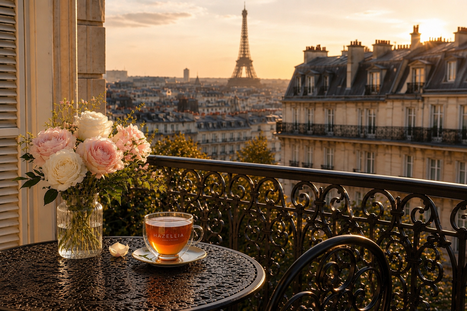 Balcon parisien avec vue sur la Tour Eiffel, infusion Marquise Absolu Hazellia, roses ivoire et rose poudré, rituel d’inspiration Paris Intemporel