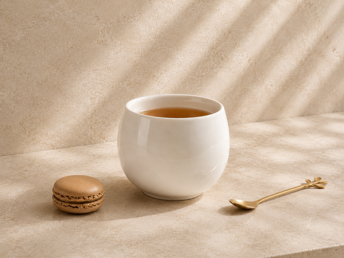 Infusion gourmande HazBloom dans un mug en céramique ivoire avec macaron, rituel de dégustation Hazellia
