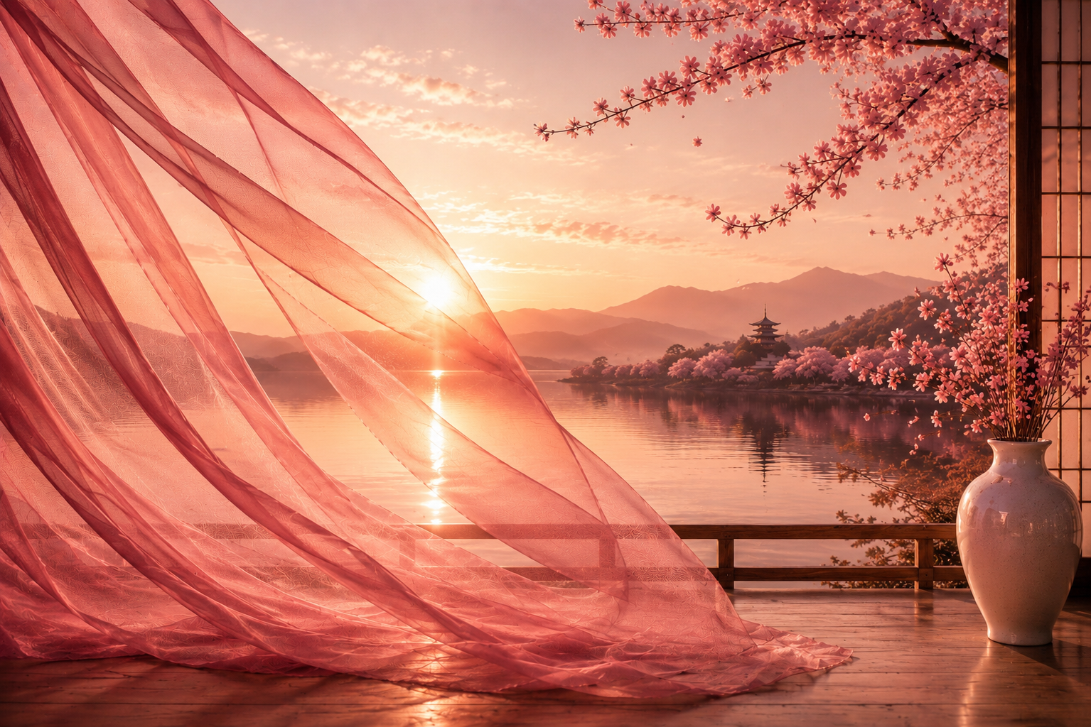 Terrasse japonaise avec voile rose framboise flottant face à un lac paisible et aux cerisiers en fleurs au lever du soleil, univers Japon Sakura de Hazellia Voyage associé à l’infusion BerryGlow.