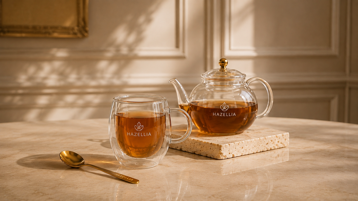 Mug en verre, théière et cuillère dorée pour le rituel d’infusion – Les Essentiels du Rituel Hazellia