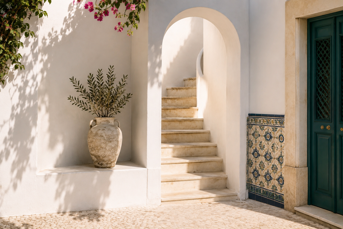 Architecture lisboète lumineuse avec azulejos portugais, porte vert profond et escalier en pierre claire – Lisbonne Lumineuse Hazellia